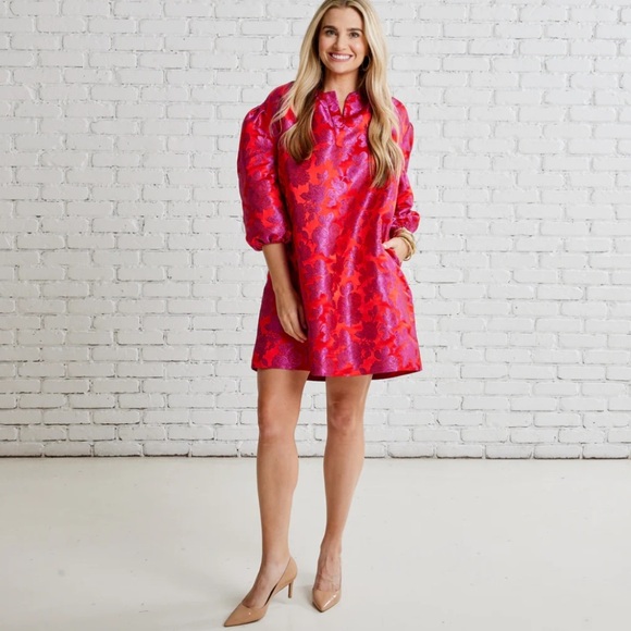Caryn Asher Dresses & Skirts - CARYN LAWN Asher Floral Jacquard Puff Sleeve Mini Dress Metallic Red Pink OS